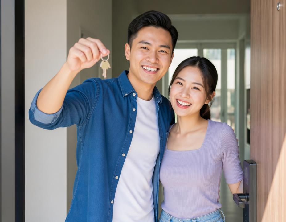 Young couple smiling with the keys to their first home