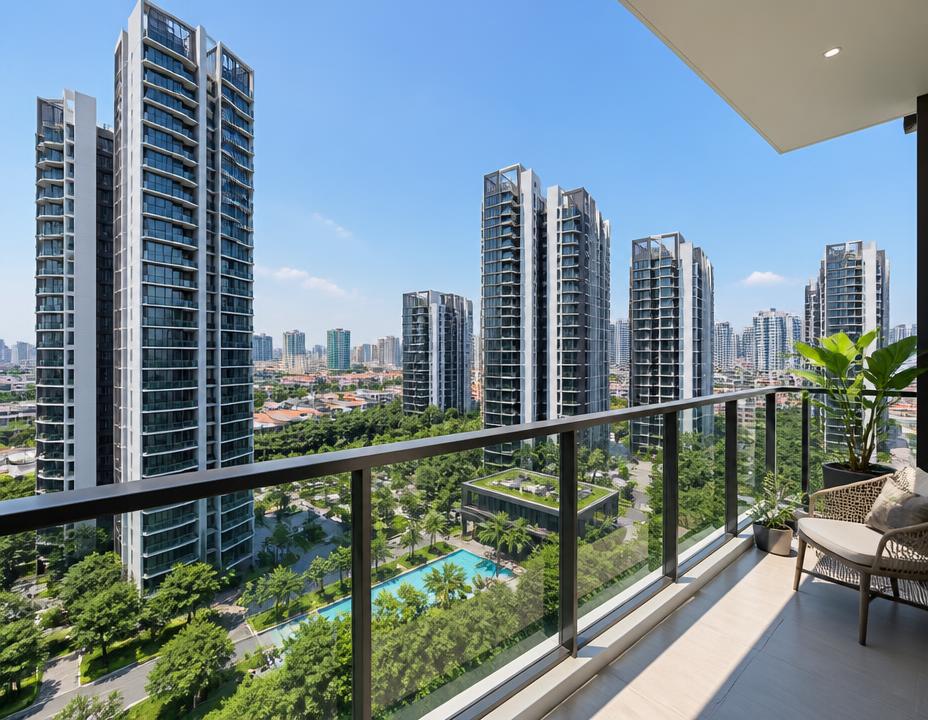 Daytime view of Singapore condominium towers from a sunlit balcony