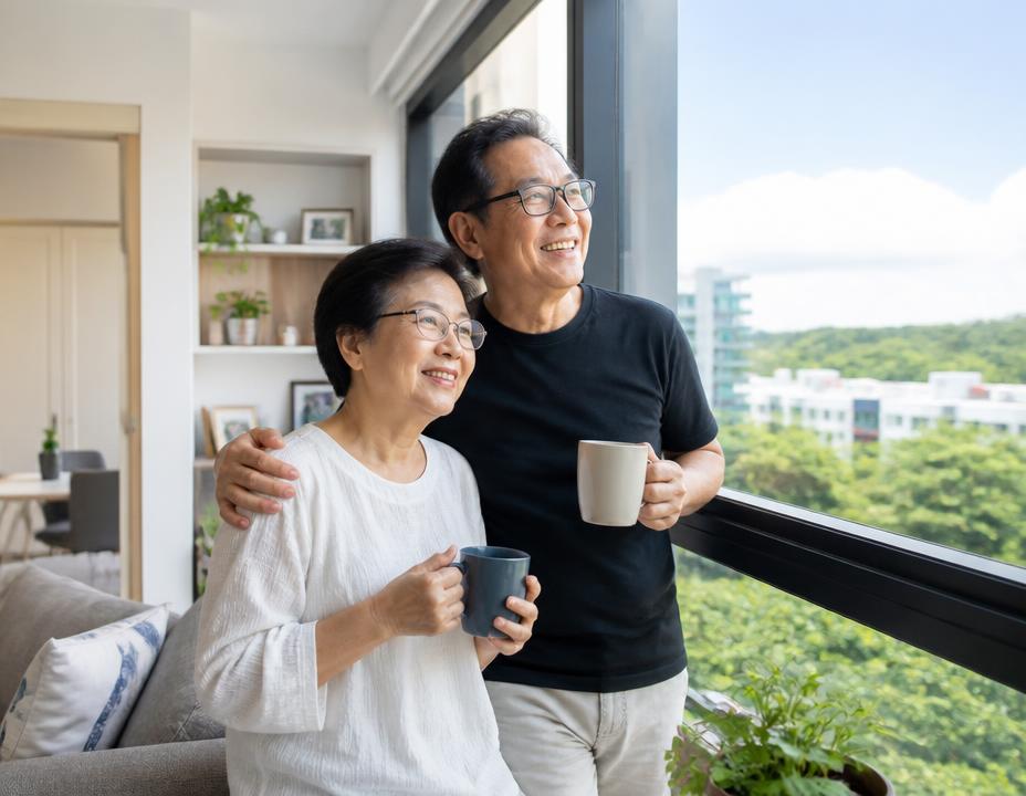 Older couple in a bright, compact apartment with a greenery view