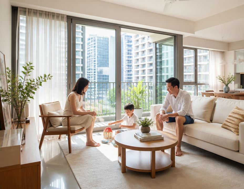 Family in a bright Singapore condominium living room in daylight